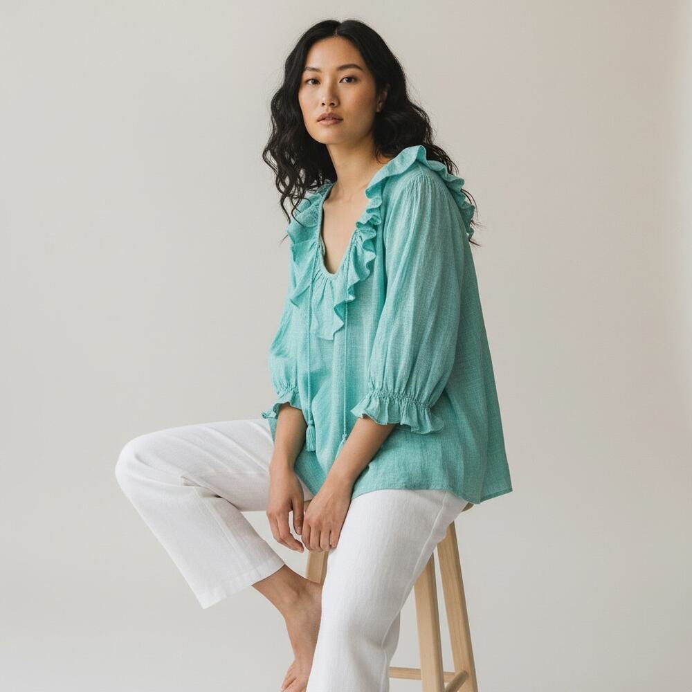 Mille Resort & Travel May Top Green Stripe Linen Ruffle NEW Size Medium